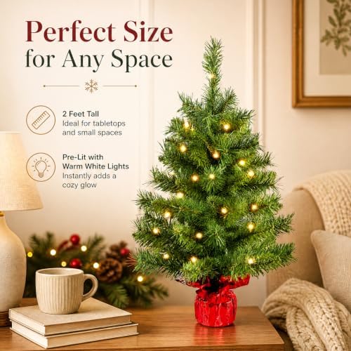 Pre-Lit 2ft Small Christmas Tree, Mini Tabletop Xmas Tree