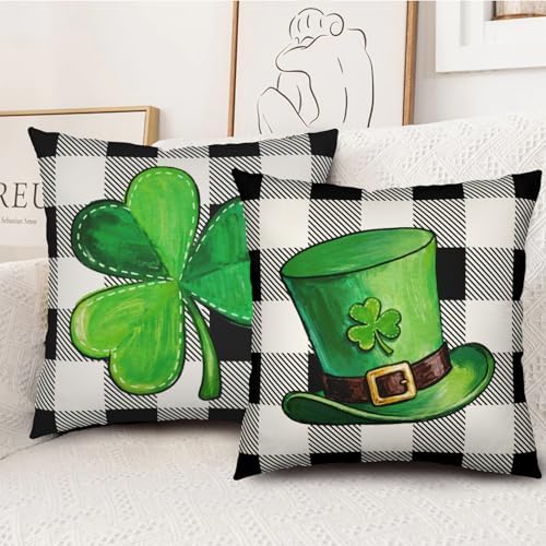 Green Shamrock Hat St Patricks Day Throw Pillow Covers 22x22 Set of 2 Buffalo Plaid Lucky Clovers Decorative Pillowcases St Patrick Outdoor Spring Cushion Covers for Couch Sofa Porch Decor