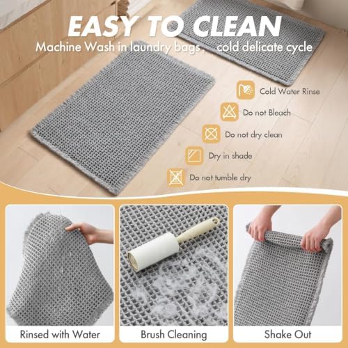 MIULEE Set of 2 Waffle Bathroom Rugs Light Grey Bath Mat 17"x24"+17"x48"