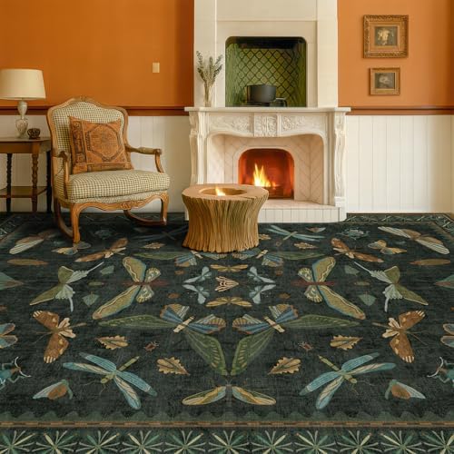 6x9 Dark Green Area Rugs for Dining Room - Rugs for Living Room, Bedroom Under Bed, Insect Moth Floral Non Slip Low