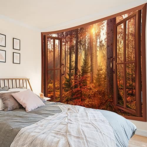 HVEST Fall Tapestry Autumn Maple Tree Forest Scenery outside Window Tapestry for Bedroom, Rustic Thanksgiving Wall Art for Living Room Dorm Holiday Wall Decor, 59W X 51H Inches