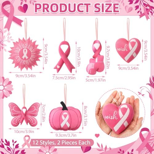 Breling 12 Pcs Breast Cancer Ornaments 3.15" Pink Ribbon Felt Hanging Decor