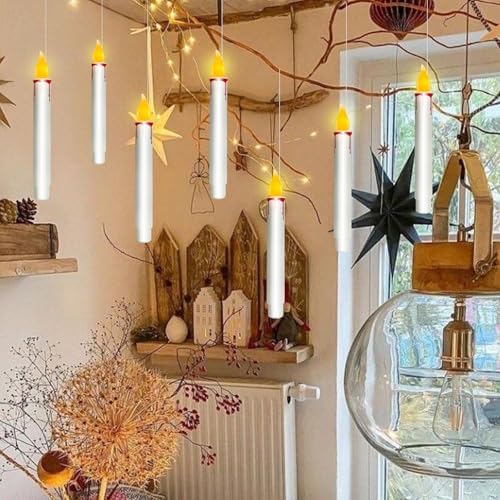 Floating Candles with Remote, 10 PCs Hanging Candles, Flickering Warm Light Flameless Floating LED Candle, Battery Operated Window Taper Candle Set for Halloween Home Party Decoration-White