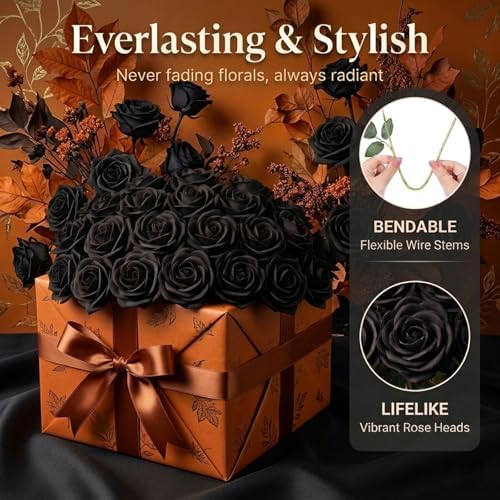 60 Pcs Black Velvet Artificial Roses Flowers with Black Leaves Real Looking Long Stems Bulk for Wedding Centerpieces,DIY Floral Arrangements,Home Decor,Anniversary,Valentine's Day