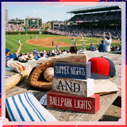 Lineshading 4 Pcs Baseball Wooden Blocks Sign with Bat, Blue White Red