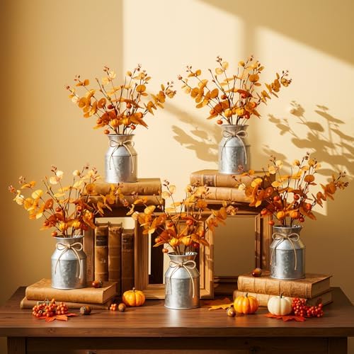 Thiccywoov 4 Set Thanksgiving Fall Table Centerpiece Decorations Artificial Orange Pumpkins Eucalyptus with Metal Vase Faux Pumpkins Plants in Pots for Autumn Harvest Party Home Dining Table Decor