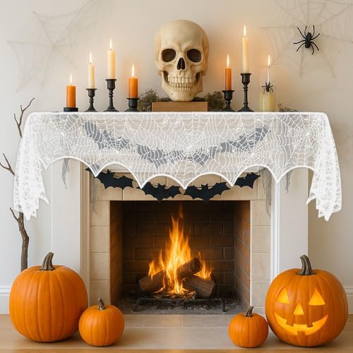 Halloween Decorations White Lace Spiderweb Fireplace Mantle Scarf Cover(19x99 Inch) Indoor Outdoor Spider Web Netting Spooky Haunted House Home Room Bedroom Table Wall Decor Party Favors Supplies