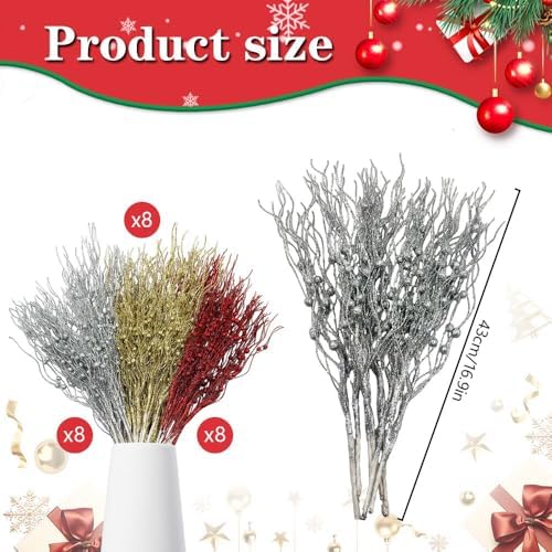 24 Pcs Christmas Tree Picks Decor,17” Artificial Glitter Curly Berry Stems