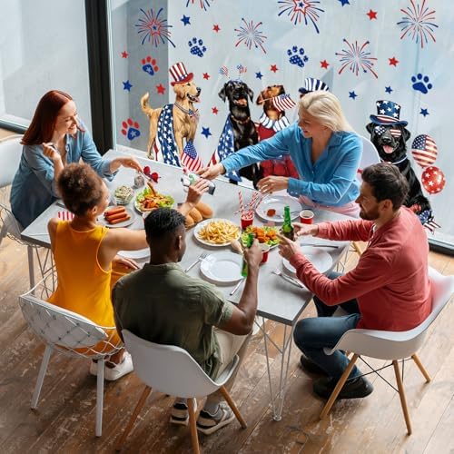 JarThenaAMCS 2 Sheet Patriotic Dog Window Clings Window Decal 4th of July Star Firework Dog Reusable Anti-Collision Windows Decor for 250th Anniversary Independence Day Memorial Day Party Supplies