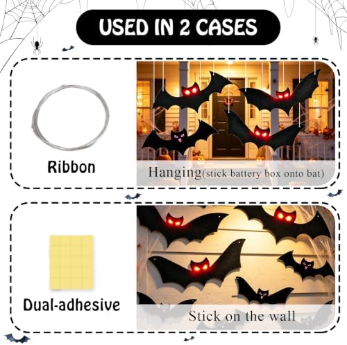 Lighted Halloween Hanging Bats, 12 Pack Halloween Decorations Outdoor Scary Large Black Hanging Flying Bat with LED Lights Spooky Glow Eyes Waterproof for Bedroom Window Wall Decor Indoor Clearance
