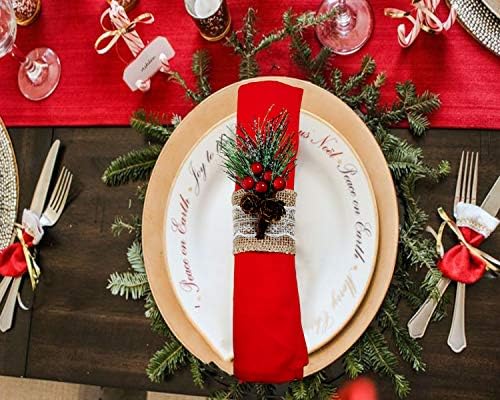 Burlap Napkin Rings Set of 6, Rustic Napkin Rings Handmade by Pinecones and Berries, Napkin Ring for Christmas Wedding Thanksgiving Dinner Table Decor