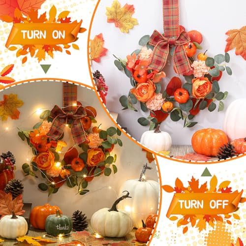 Thiccywoov 2 Pack 9'' Fall Small Wreath for Cabinet with LED String Light