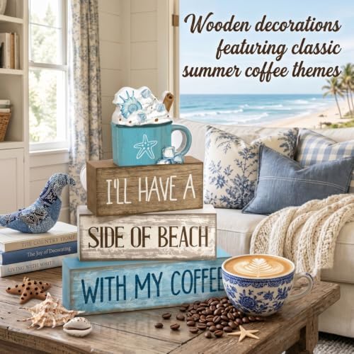 Lineshading 4 Pcs Beach Coastal Wooden Block Signs with Coffee Cup Summer