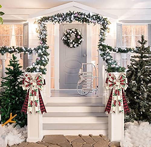 Large Christmas Bow for Wreath, Red Black Buffalo Plaid Bows for Front Door Wall Fence Decor, Tree Truck Snowflake Christmas Wreath Bow Tree Topper Bow for Winter Christmas Party Decoration Supplies