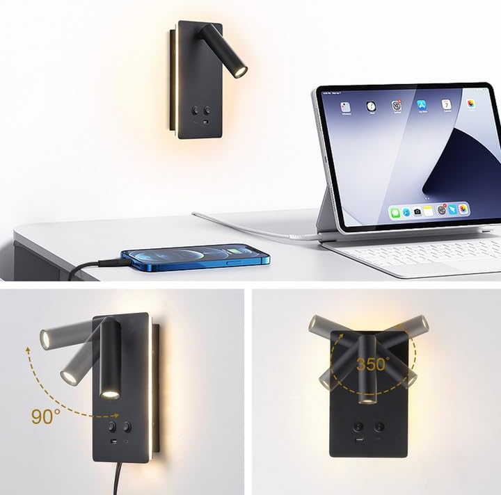 MOLUOLA LED Wall Lamp Wall Mounted Reading Lights, Adjustable Headboard Plug in Wall Sconce with USB C+A Ports