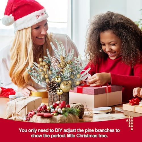 Hatisan Small Christmas Tree, Artificial Christmas Tree with Ornaments Pine Cone Berry, Tabletop Christmas Tree for Christmas Decorations Home Room Party Winter Indoor Outdoor(Gold-Round)