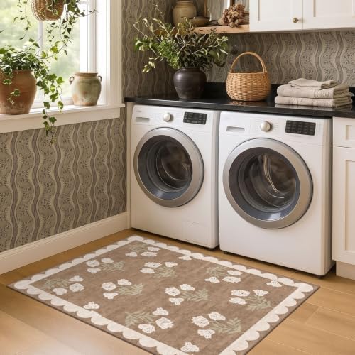 3x4 Floral Entry Rug - Small Washable Indoor Outdoor Mats for Front Door Non-Slip Porch Rug Tan Boho Neutral Farmhouse