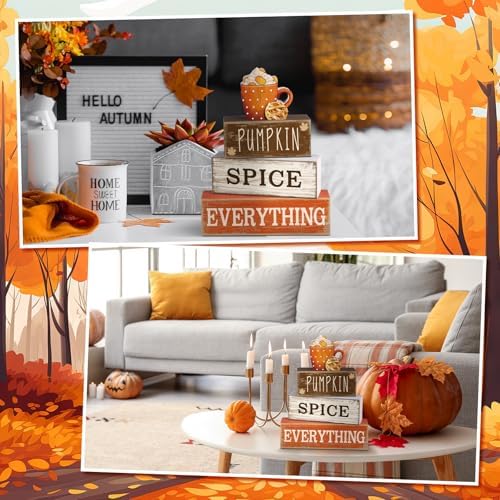 Moucuny 4 Pcs Fall Table Decor Pumpkin Spice Sign, Wooden Tiered Block Set