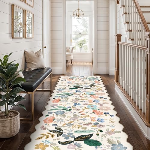 Washable 2x8 Hallway Runner Rug: Vintage Water-Resistant Floral Scalloped Kitchen Entryway Rug Ultra Soft Living Room