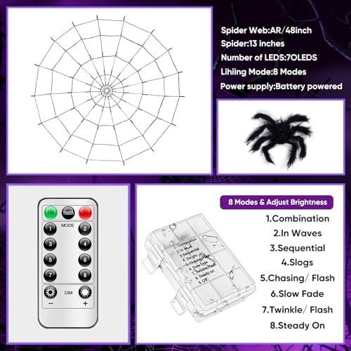 LCHUANG Halloween Decorations Spider Web Lights - 2 Pcs Light Up Spider Web, 4FT Diameter 70 LED with Black Spider, Waterproof, Remote Control, 8 Modes Cobweb Halloween Decorations (Purple+Orange)