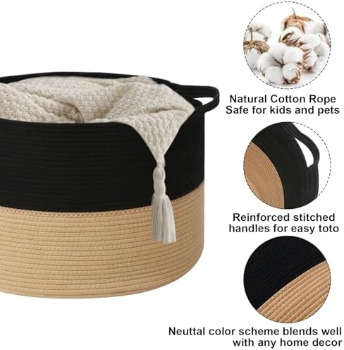 115L Extra Large Blanket Basket,Woven Laundry Basket-Black&Camel