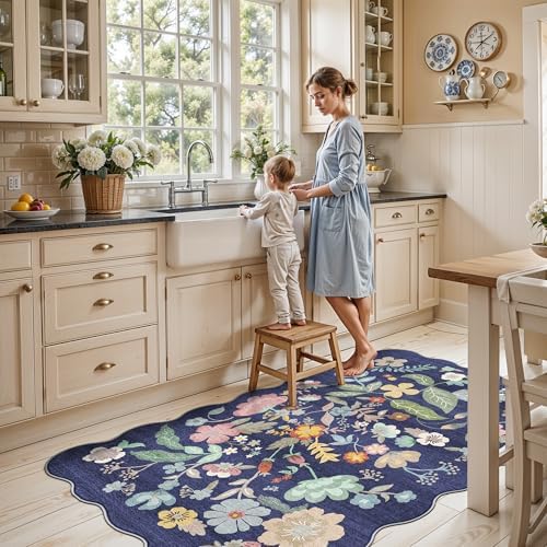 4x6 Living Room Area Rugs: Washable Boho Bedside Rug Non-Slip Floral Small Low Pile Carpet for Kitchen Bedroom