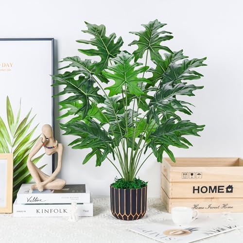 Der Rose 28" Artificial Plants Indoor, Philodendron Plant in Black Gold Pot