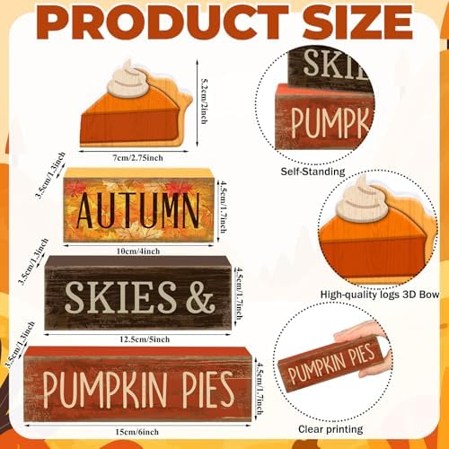 Lineshading 3 Pcs Fall Table Decor, Pumpkin Pie Wood Block Sign Home Tray