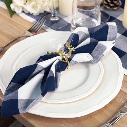 Cotton Cloth Napkins Set of 12 Blend Buffalo Plaid Dinner Napkins, 20 x 20 Inch Washable Table Napkins, Checks Cloth Napkins for Restaurant, Party, Wedding, Holiday, Farmhouse, Navy and White