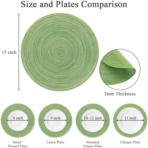 SHACOS Round Placemats Set of 6 for Dining Tables 15 inch Cotton Braided Placemats Washable Reversible for Kitchen Holiday Party (Mixed Color Pea Green, 6)