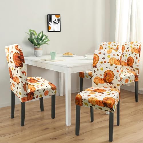 Fall Thanksgiving Chair Covers Covers Set of 4,Pumpkin Turkey Dining Chair Protectors, Elastic Removable Washable Dining Chair Covers for Fall Thanksgiving Kitchen Dining Room Holiday Decorations