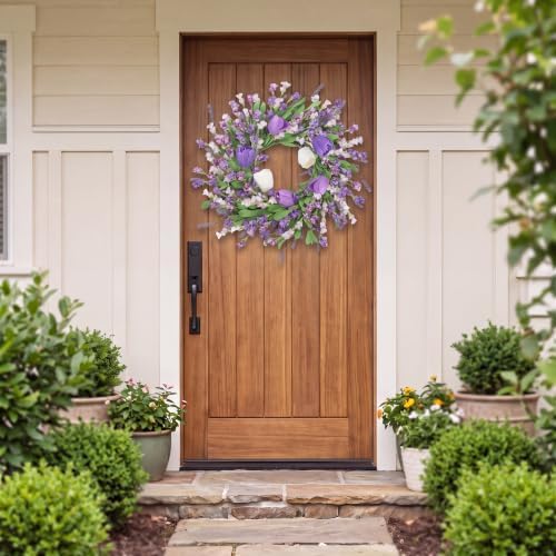 Sggvecsy Spring Summer Wreath for Front Door 22 Inch Artificial Purple Flower Wreath with Tulips Greenery Leaves Lavender for All Seasons Home Farmhouse Indoor Outdoor Wall Decor (Purple)