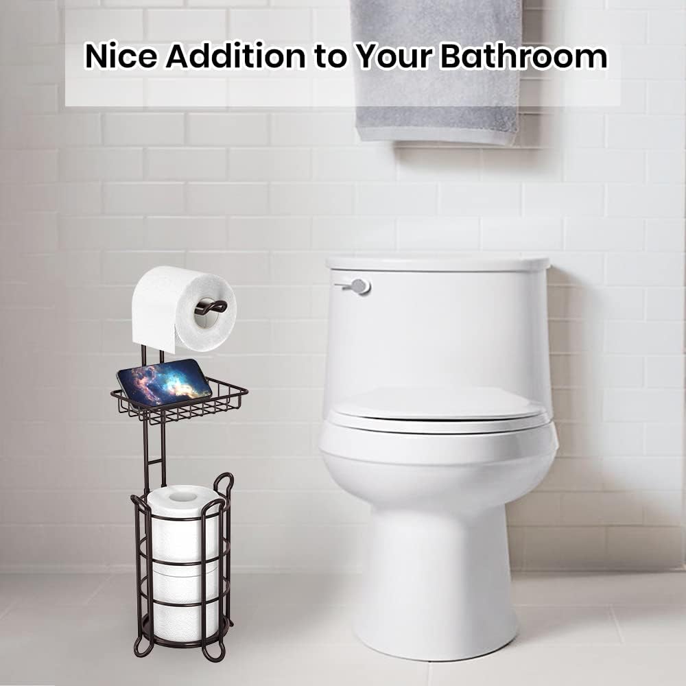 Toilet Paper Holder Stand Tissue Paper Roll Dispenser with Shelf for Bathroom Storage Holds Reserve Mega Rolls-Bronze