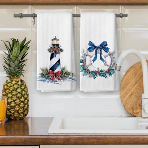 Coastal Nautical Christmas Kitchen Dish Towels 16x24, Set of 2