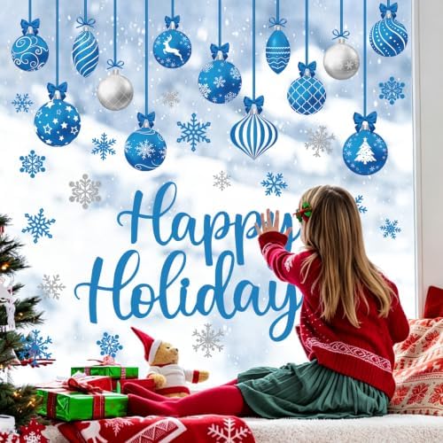 Blue Merry Christmas Window Clings Decorations Xmas Ball Cling Set 6 Sheets