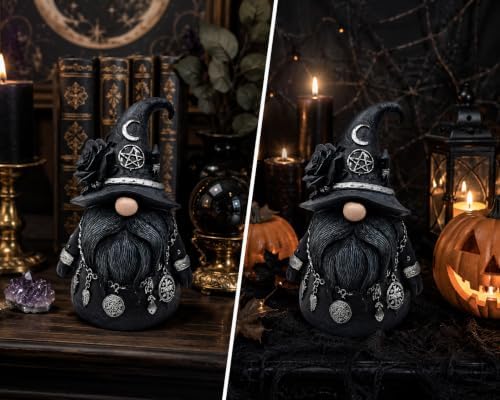 Gothic Witch Gnome Figurine Decor, Resin Witch Statue with Black Rose, Moon & Crystal Accents, Witch Decor for Shelf, Desk & Bookshelf, Dark Academia Home Decor
