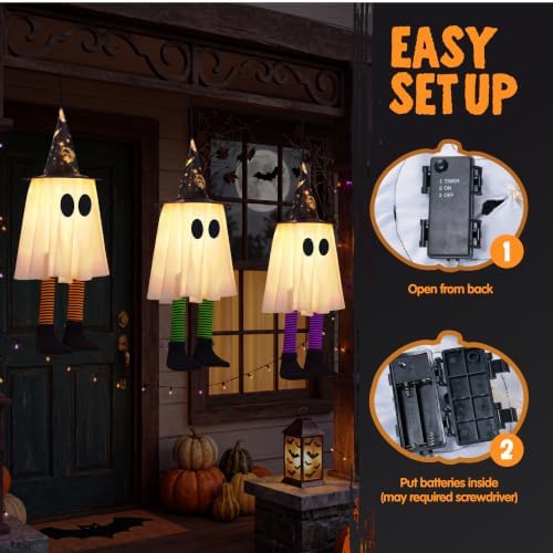 JOYIN 23.6'' 3Pcs Halloween Hanging Ghosts Decorations Outdoor, Warm Light Up Ghosts with Witch Hat & Timer, Flying Halloween Decorations for Yard Porch Lawn Party Supplies Tree Decor
