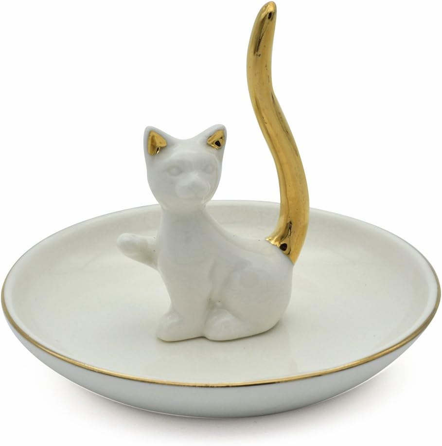 Love Cat Posture Ring Holder Jewelry Storage Dish Trinket Tray / One Size / White Cat Golden Tail