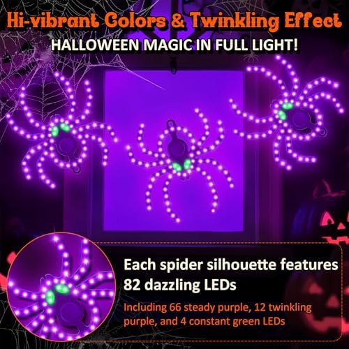 6 Pack 9" Halloween Classics Twinkling LED Spiders, Hi-Vibrant Aluminum Frame Spiders Window Silhouette Lights, 468 Purple and 24 Green LED Lights, Holiday Indoor Outdoor Decoration
