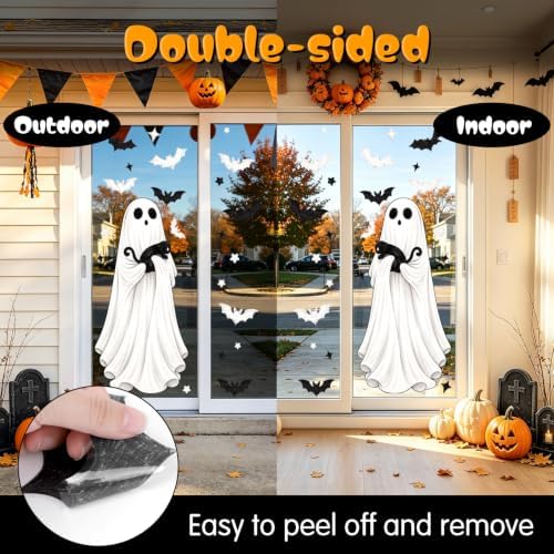 CCINEE 3 Sheets Halloween Ghosts Window Clings, Extra Large Spooky Bats Black Cat Pumpkin Window Stickers Ghost Mirror Decals for Home School Office Glass Halloween Party Indoor Outdoor Decorations