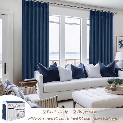 Pleat Sheer Denim Blue Curtains 84 Inch Length 2 Panels Set for Living Room, Elegant Pinch Pleated Textured Linen