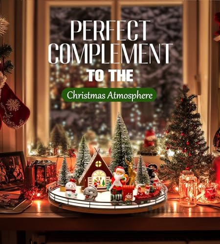 AMH 12-Piece Christmas Village Table Decor Set with Oak Rotating Base