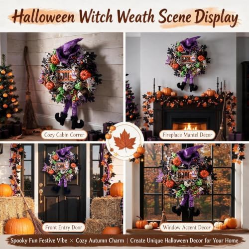 Halloween Wreath for Front Door,20 inch Whimsical mesh Wreath with Witch