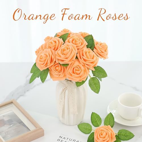 16 Pcs Orange Artificial Flowers, Fake Roses with Stems