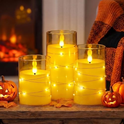 Homemory Flickering Flameless Candles, Gold LED Pillar Candles with Remote