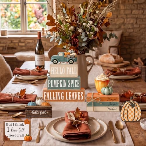 11 Pcs Fall Coffee Table Decor for Home, Wooden Pumpkin Spice Signs