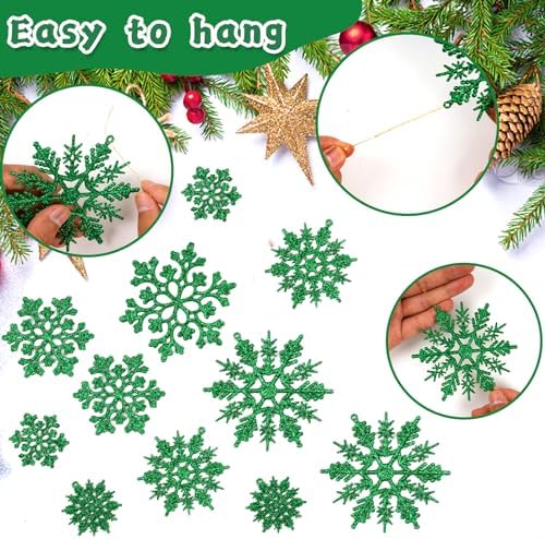 Dark Green Christmas Snowflake Ornaments- 36Pcs Plastic Glitter Hanging Snow Flakes for Christmas Tree Decorations Winter Wonderland Frozen Birthday Party Holiday Home Decor Craft Snowflakes