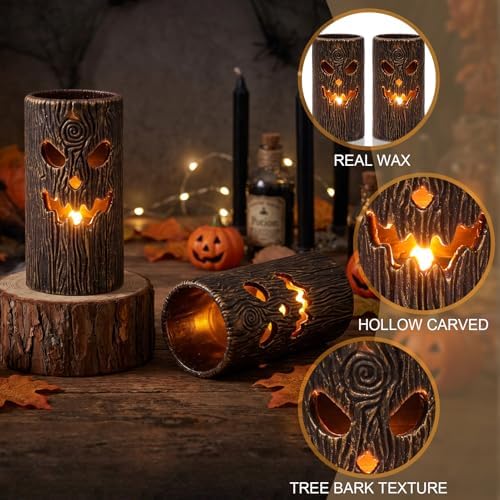 Halloween Flameless Candles, 2PCS Ghost Tree Carved Pillar Candles