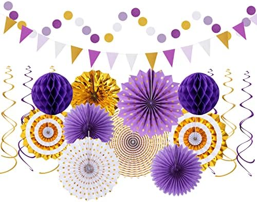 Purple-Gold Graduation Party-Decoration - 33pcs Kits Banner, Streamers Tassel Garland,Tissue Pom Poms Honeycomb, Paper Lantern Fans,Wedding Girl Birthday Baby Bridal Shower Decor Hugtmr