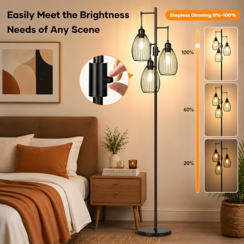 Dimmable Floor Lamp, 3 x 800LM LED Edison Bulbs Included, Farmhouse Industrial Floor Lamp Standing Tree Lamp with